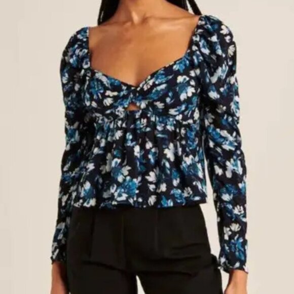 Abercrombie & Fitch Blue White Floral Puff Sleeve Top - Picture 1 of 6